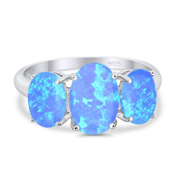 3-Stone Oval Lab Created Blue Opal Fashion Ring 925 Sterling Silver